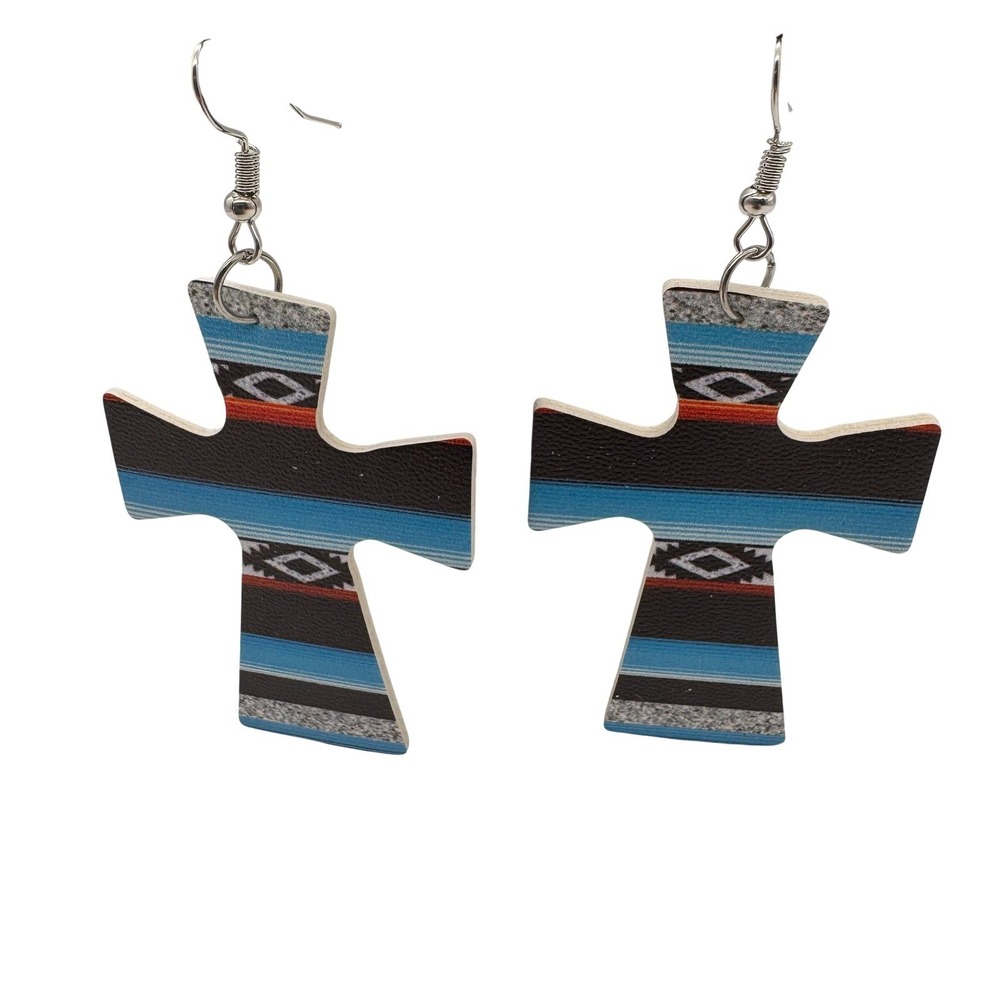 Southwestern Faux Leather Cross Earrings Turquoise Geometric Tribal Western Drop